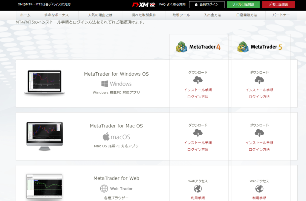 MT4のダウンロード画面